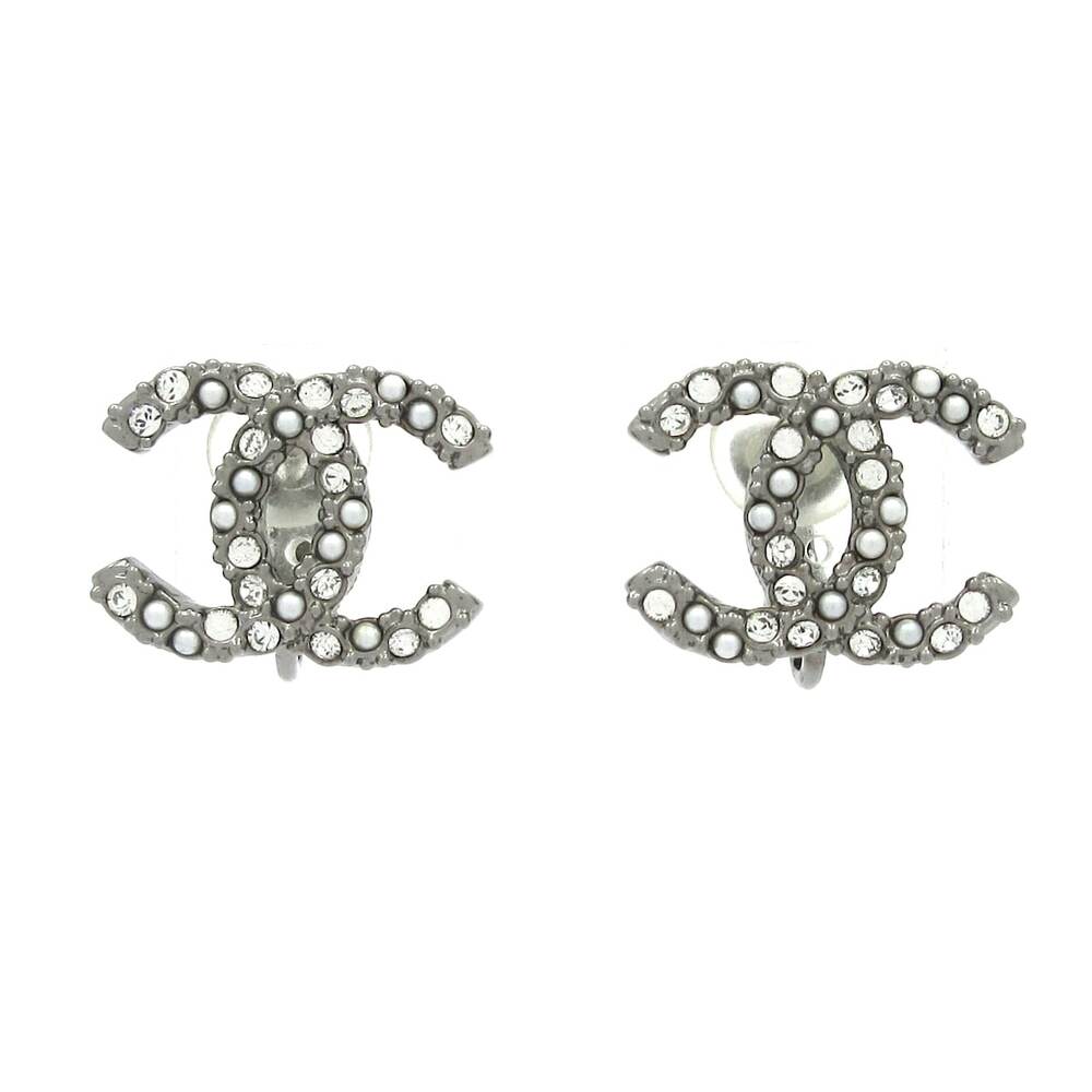 Chanel Clip On Earrings Dark Gray Silver Clear Hardware Rhinestones